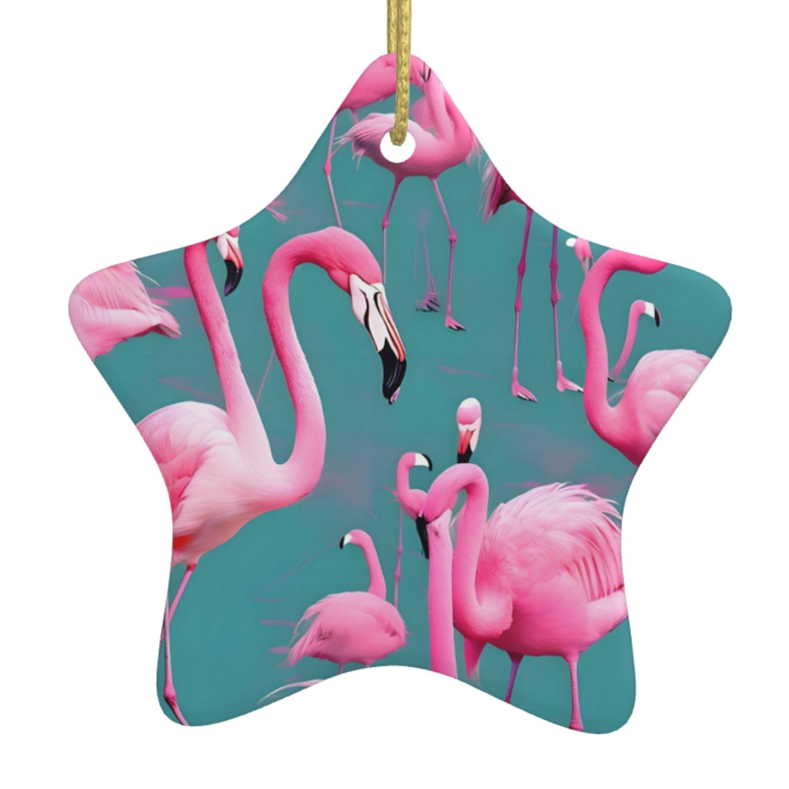 A Flock of Flamingos Christmas Ceramic Star Pendant with Punched Holes and Gold Wire Rope, Christmas Tree Home Decoration