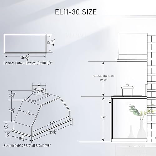 Miniatura 6 de EALLMALL Inserto de campana extractora de 30 pulgadas, inserto de campana extractora de 800 CFM, campana extractora de inserción ultra silenciosa,