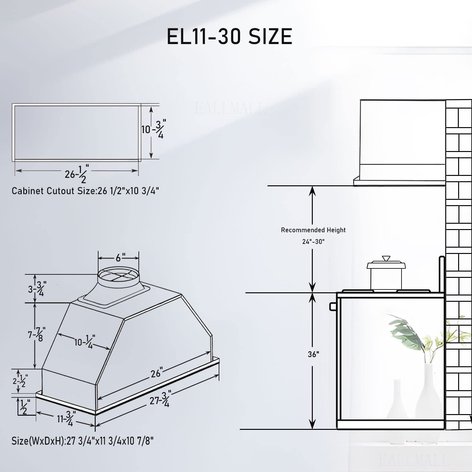 Campana extractora de 30 pulgadas, 800 CFM, ultra silenciosa, campana de ventilación de 3 velocidades, sin conductos, campana extractora integrada de acero inoxidable, EL11-30 6
