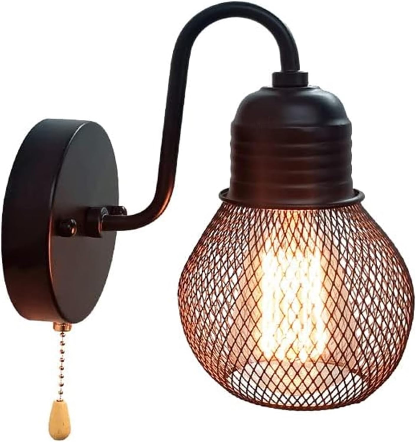 Wall Lights Living Room Sconce Black Metal Mesh Cage Pull String Light, Small Round Industrial Flush Mount Ceiling Light, Lights Mid