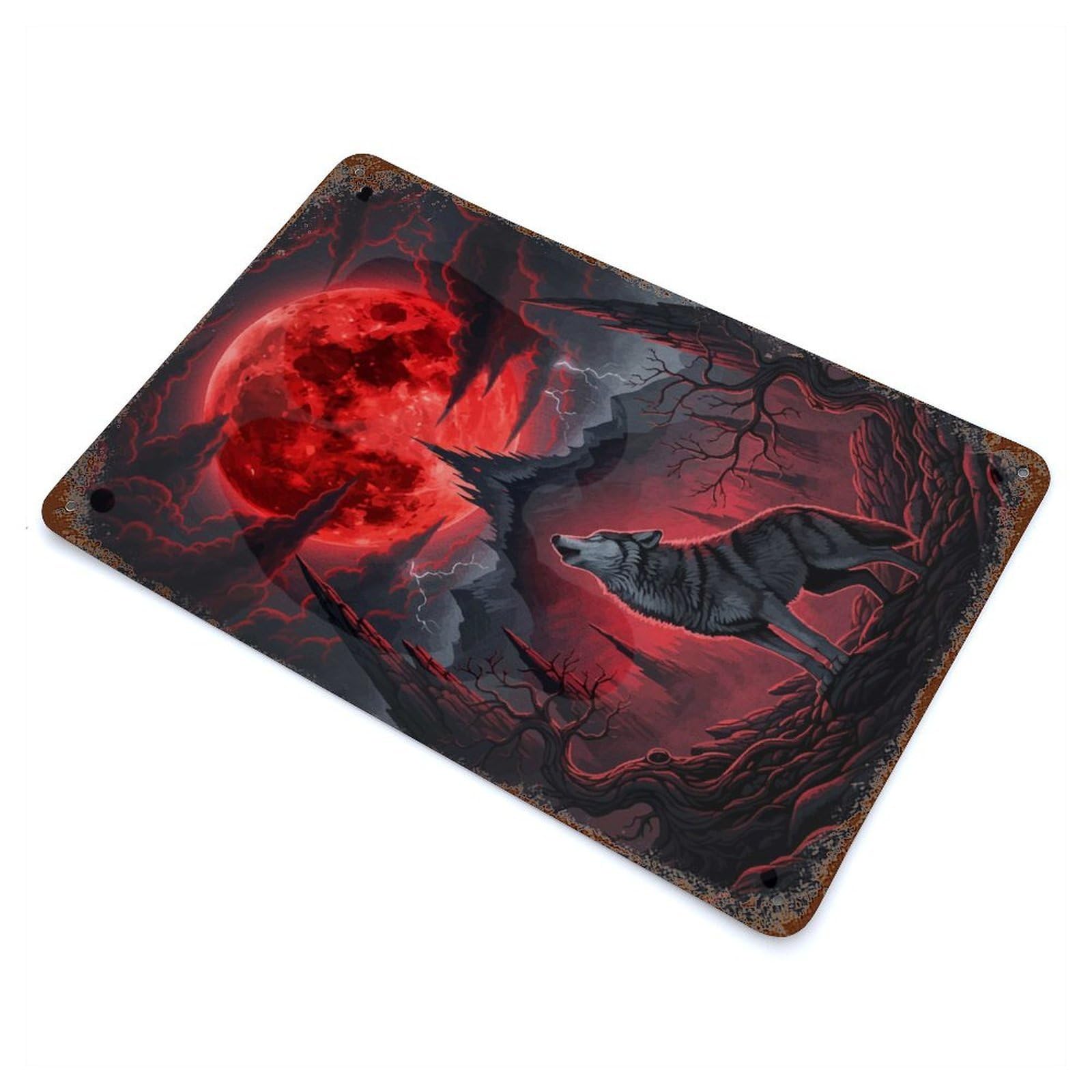 Garage Style Howling Wolf Red Moon Vintage Rust Metal Sign 11.8"x7.9", Vintage Wall Decor for Bar And Workshop