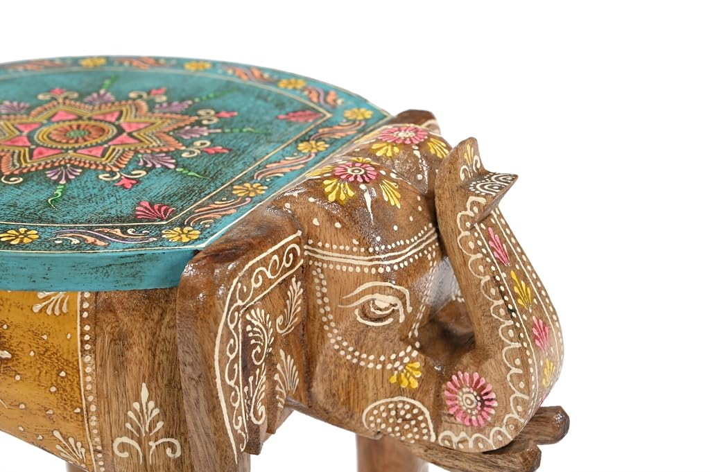 iAnanas vormontiert einsatzbereit Orientalischer Beistelltisch | Indische Deko Möbel, Massivholz, Handarbeit – Bunter Elefant Tisch im Boho & Vintage Stil (41 × 29 × 30 cm)