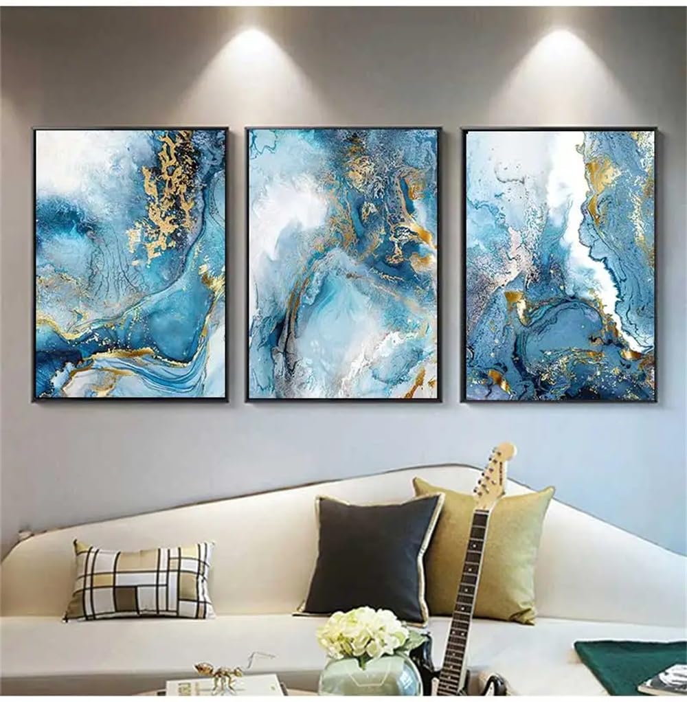 WUHBCZ Art Pictures-Gold Foil Blue Marble Texture Poster Prints Pictures Teal Watercolor Wall Art Canvas Painting for Modern Living Office Room Home Decoration-50 * 70cm/3PCS (No Frame)
