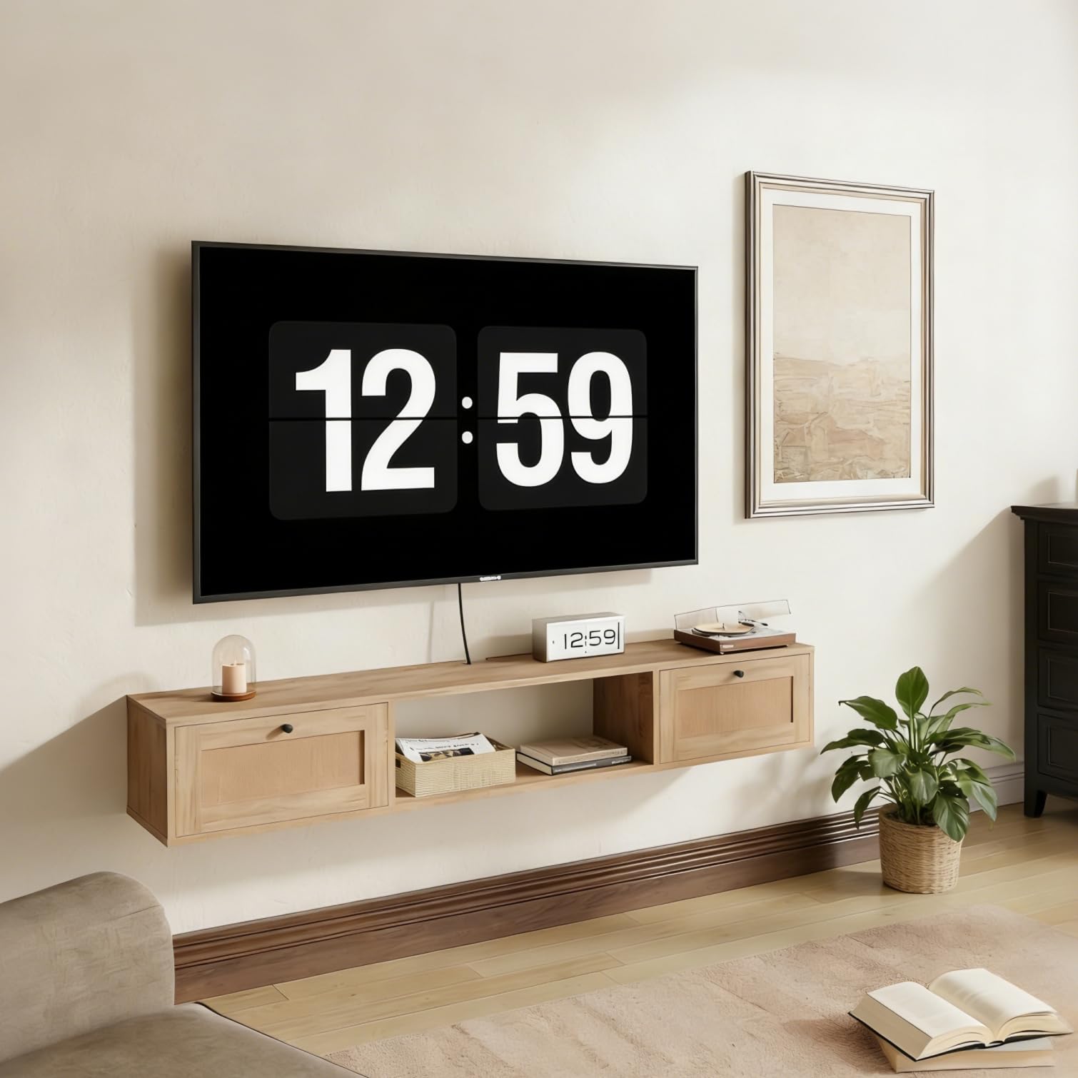 DSNAPE Floating TV Stand, Wall Mounted TV Unit for TVs up to 67 Inches with 2 Cabinets, Entertainment Center TV Console for Under TV Large Storage (Oak, 145CM/57.1")