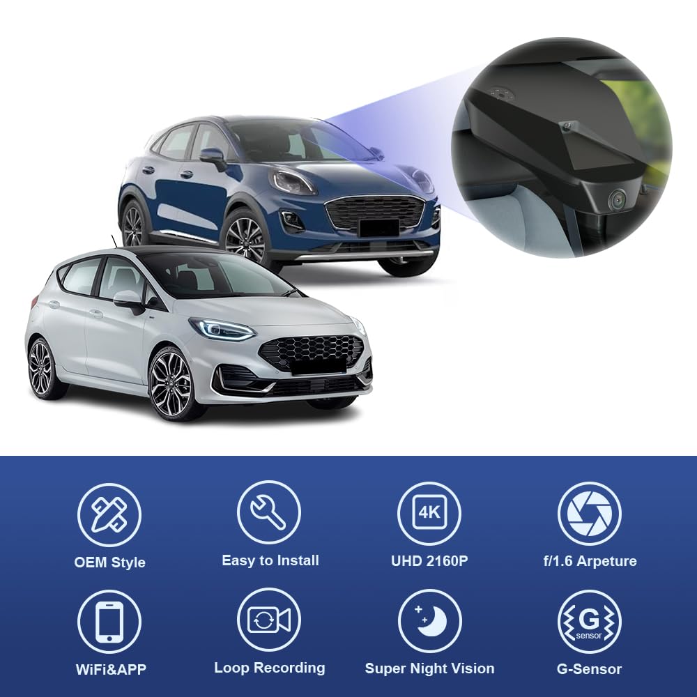 Fitcamx Dashcam 4K Adatta per Ford Fiesta, Puma 2018 2019 2020 2021 2022 2023 (DZ-0332), OEM Cameras di Guida, 2160P UHD Video Wifi, G-Sensor, Registrazione Circolare, WDR, Plug&Play, Scheda da 64GB