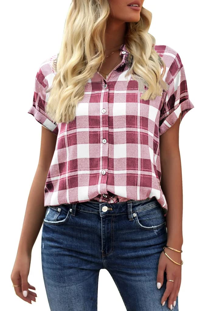 GeGekoko Damen Kariert Bluse Kurzarm Oberteile Casual Lose V-Ausschnitt Hemdbluse zum Knöpfen Summer Tunika T-Shirt Tops