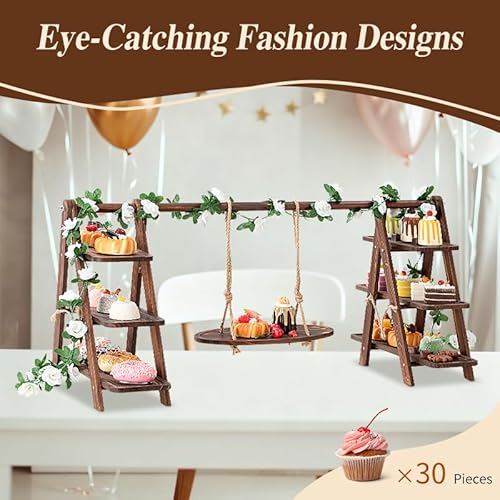 BOKALAKA Cupcake-Ständer aus Holz, 3 Etagen, Akazienregal, 3 Etagen aus Holz für Lebensmittel, faltbare Struktur - faltbar | für Geburtstag, Teeparty, Hochzeit