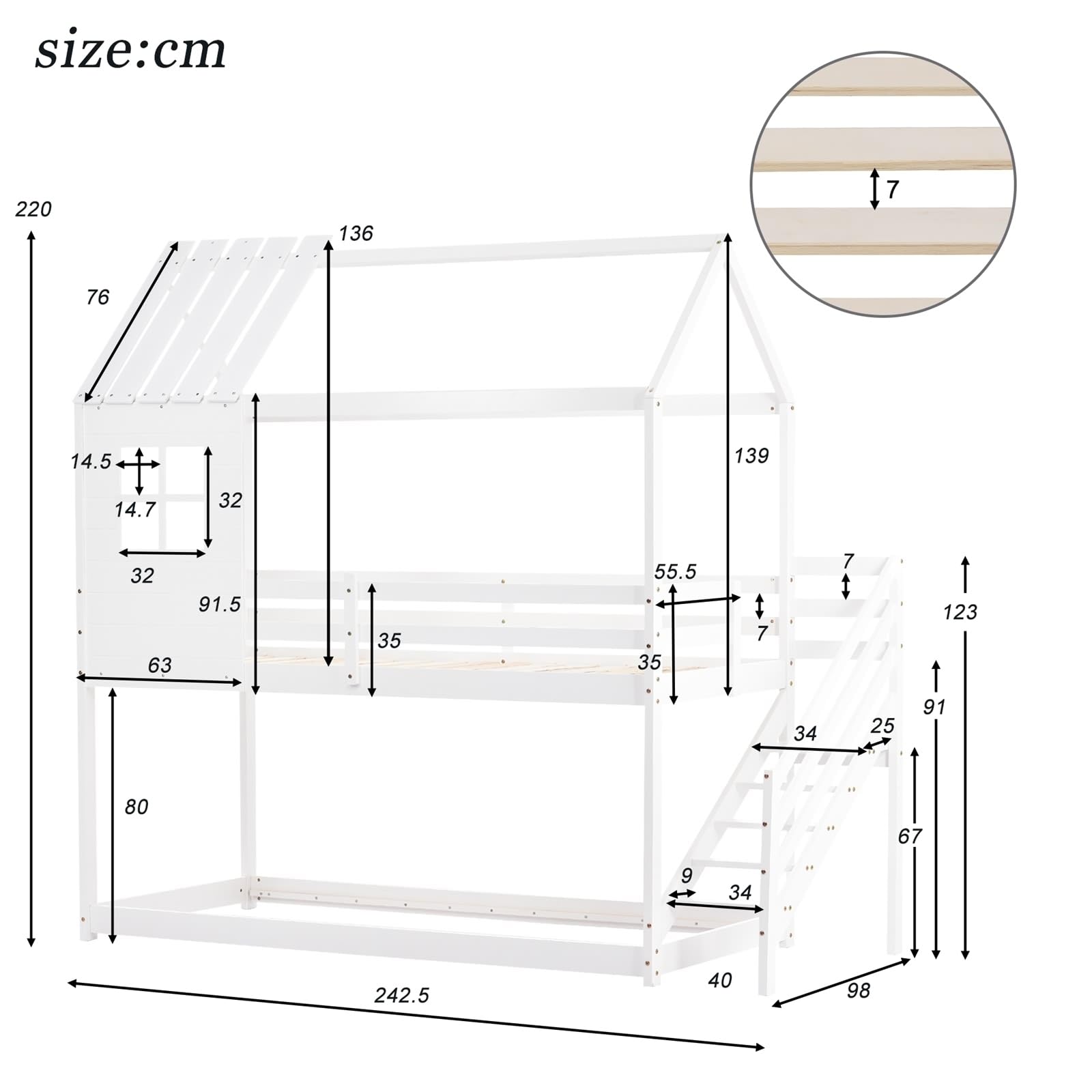 KnSam Etagenbett, Bett mit Ecktreppe, Hausbett, Kinderbett mit Fallschutz und Gitter, Hochbett mit Fenster, Rahmen aus Kiefer, Weiß (200x90cm)