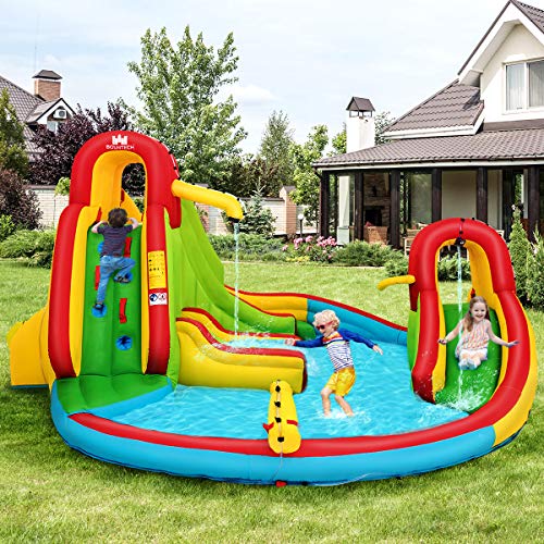 COSTWAY Inflatable Bouncy Castle Water Park with Double Slides, Climbing Wall, Water Gun and Splashing Pool - Image 8