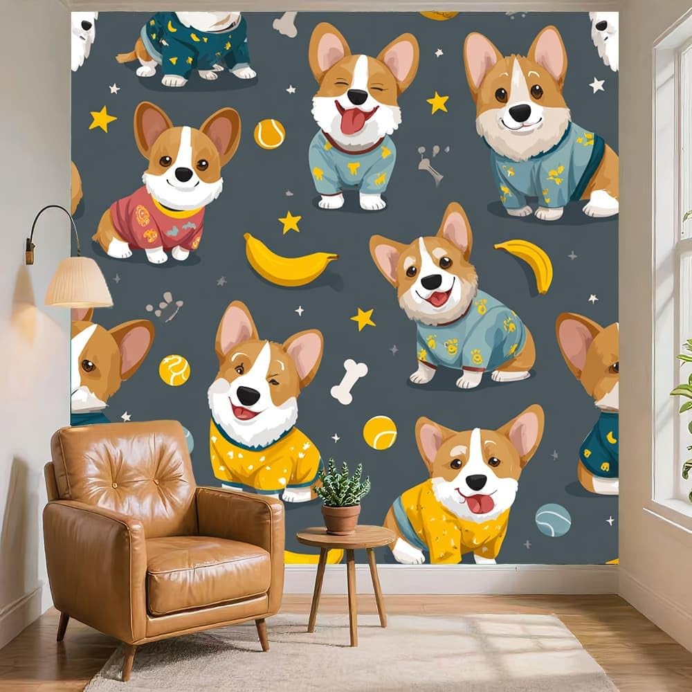 Fototapeta z włókniny, 400 x 280 cm, urocza tapeta ze zwierzętami Corgi, wodoszczelna, druk artystyczny, dekoracja ścienna, szara, fototapeta do sypialni, pokoju zabaw, kuchni, dekoracja domu, tatuaż