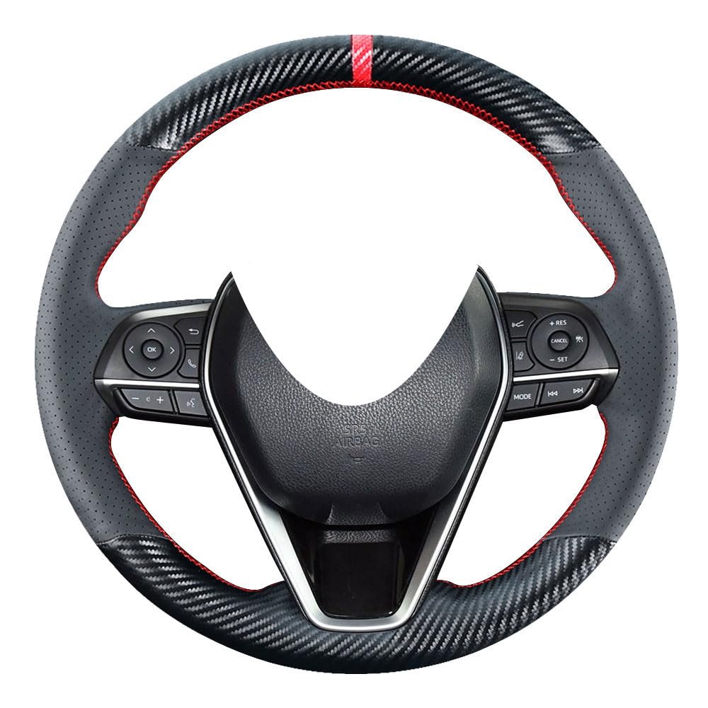 Carkooler DIY Stitching Carbon Fiber Steering Wheel Cover for Toyota RAV4 SUV Avalon 2019-2021 / for Toyota Camry 2018-2021 / for Corolla 2020 2021 15 inches Black Leather Interior Accessories