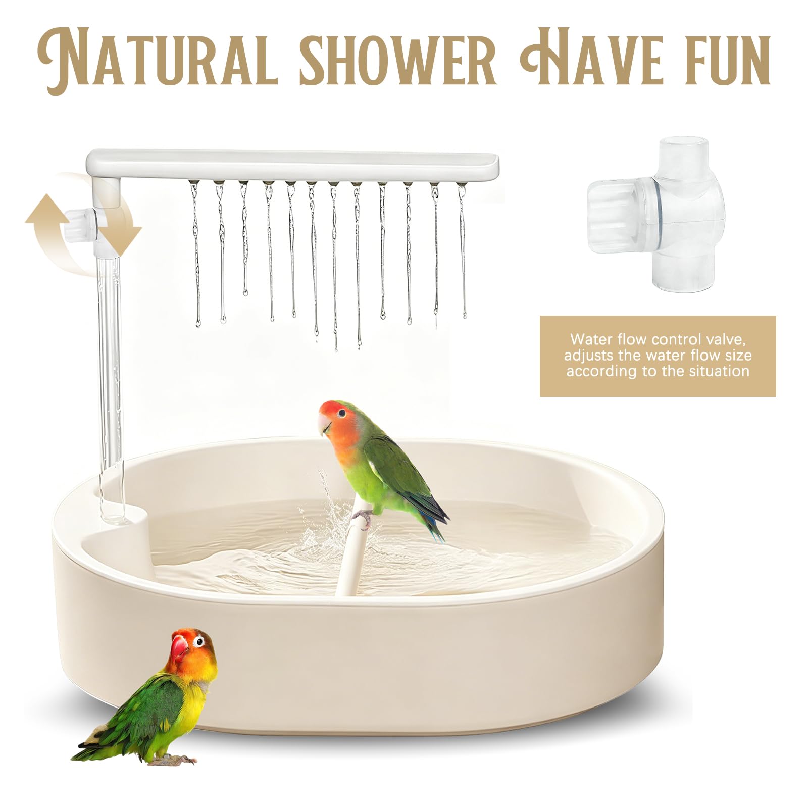 Parrot Vogelbadewanne mit automatischer Dusche, große Vogel-Duschfontäne für den Innenbereich mit fließendem Wasser, inklusive USB-Anschluss und Pumpe, für Ziervögel, Conures, Wellensittiche (Weiß)