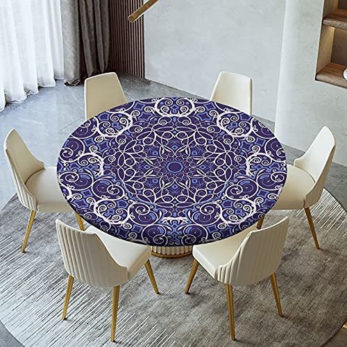 Igoga Sports NY104-0625ZB4-07 Navy Blue Kaleidoscope Flowers Fitted Tablecloth Round thumb #1