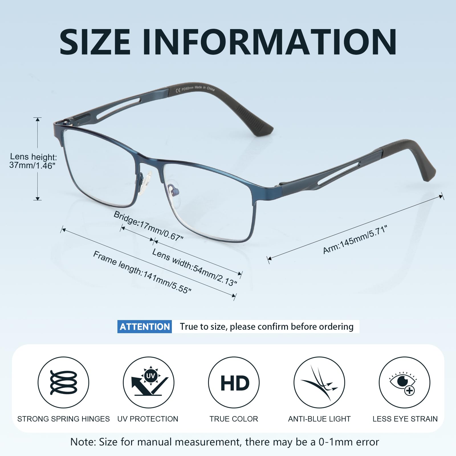 SKYFUEN Progressive Lesebrille für Herren, Multi-Fokus-Metallrahmen, Blaulichtblockierung, Computerleser mit Federscharnieren