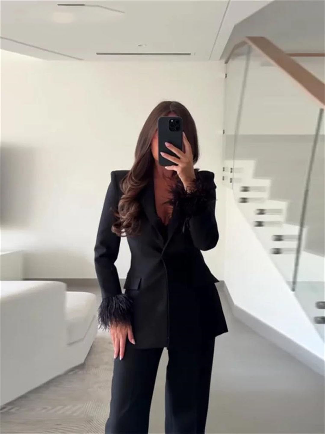 Women Feather Slim Blazer Pants Sets V-Neck Shoulder Pads Long Sleeve Buttons Set Daily Suits