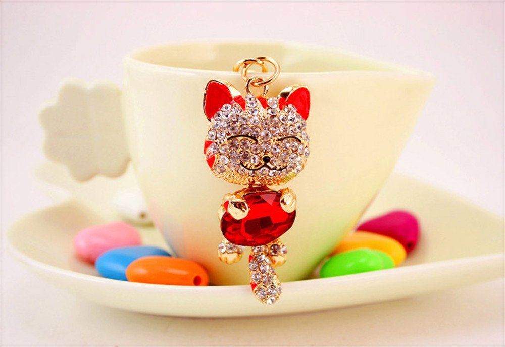 Cute Kitten Cat Bling Keychain With Rhinestones - Sparkly Handbag Charm For Pet Lovers (Red) - View #9