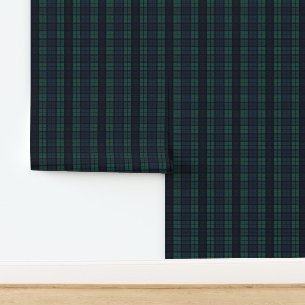 Spoonflower Peel & Stick Wallpaper 3ft x 2ft - Dark Green Plaid Navy Winter Tartan Custom Removable Wallpaper