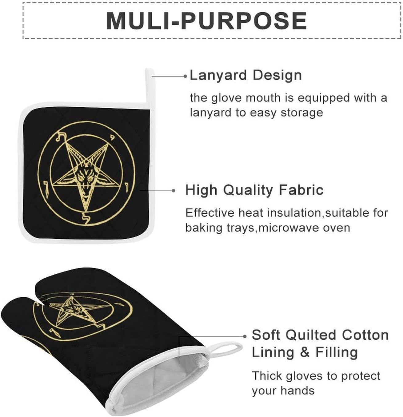 Gold Baphomet Inverted Pentacle Pewter Satanic Goat Print Oven Mitts and Pot Holders 3 Piece Sets Heat Resistant Gloves Hot Pads Potholders for Kitchen Baking Cooking