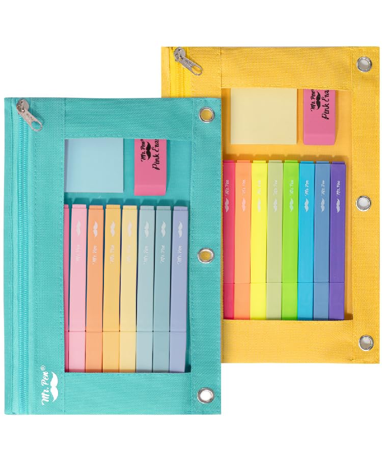 Image of Mr. Pen- Pencil Pouch for 3 Ring Binder, 2 Pack, 10 inchx6.75 inch, Smooth Zipper | Clear Window, Large Capacity Pencil Case with 3 Reinforced Grommets for School, Office, Supplies Storage | Clear Window, Large Capacity Pencil Case with 3 Reinforced Grommets for School, Office, Supplies Storage