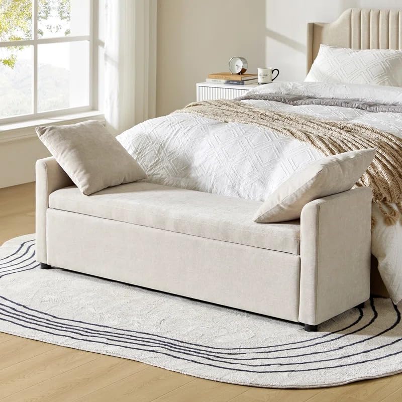Image of Upholstered Storage Bench with Armrests | Fabric Sofa Bench with Hidden Storage & Cushions | Bedroom Living Room Entryway Seating | Modern Ottoman Bench Footrest End of Bed Bench | Beige