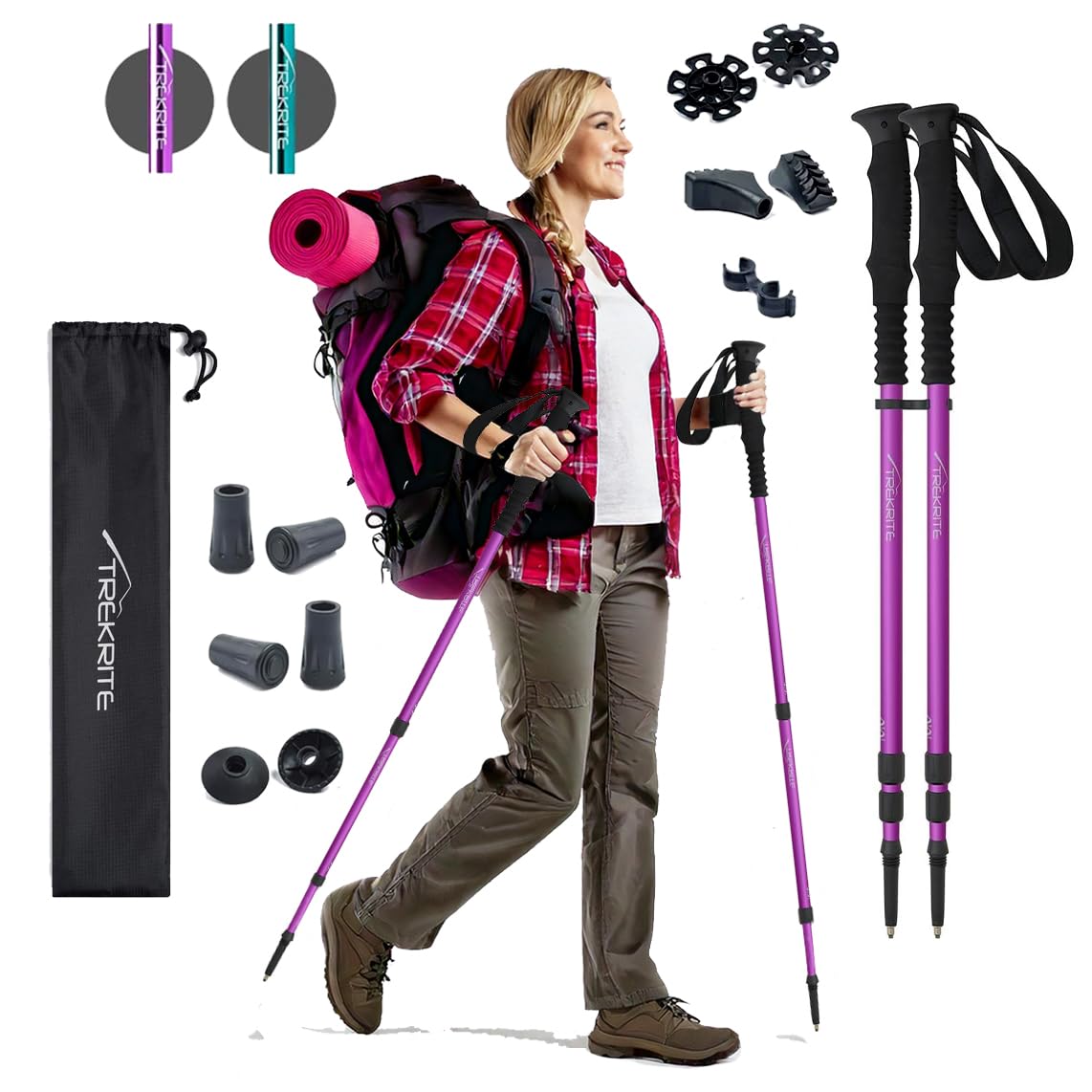 Trekrite Premium Walking Poles Set for Women, Anti Shock Adjustable Hiking Sticks for Ladies, Reliable & Strong Aluminum Trekking Poles with Accessories from a UK Based Company - Purple-image-36