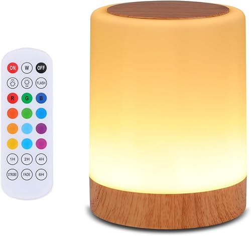 OORUN Lámpara táctil de mesita de noche, 13 colores RGB y 5 brillo, lámpara de escritorio recargable por USB, luz nocturna regulable con control