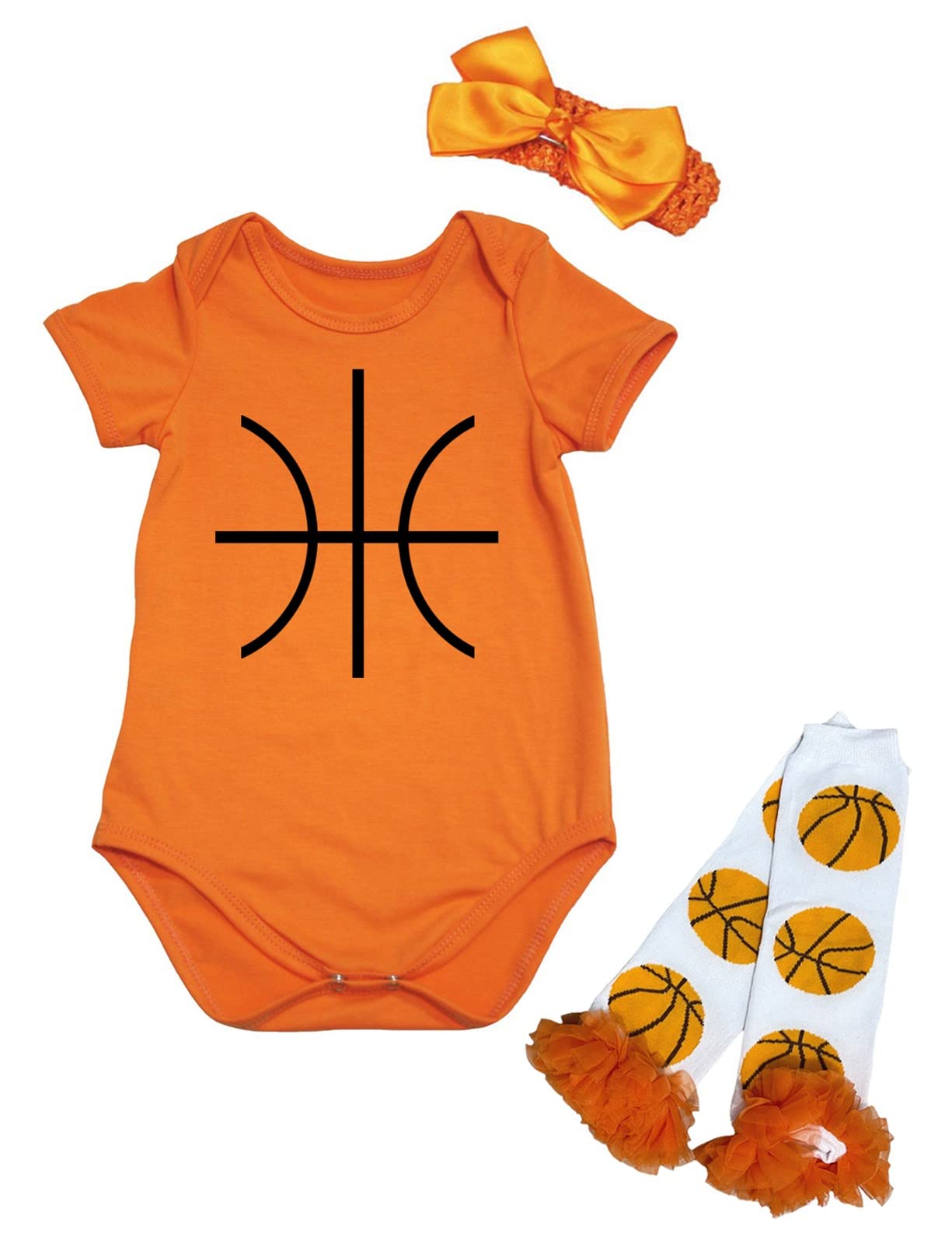 Petitebelle Orange Basketball Print S/S Baby Bodysuit Leg Warmer Nb-18M (, 3-6 Months)