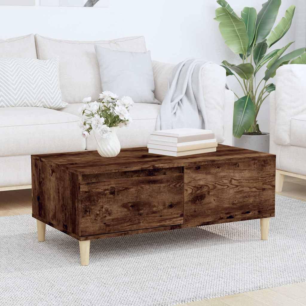 Mesa de centro de roble ahumado, 90 x 50 x 36,5 cm, material de madera con cajón y espacio de almacenamiento, mesa auxiliar para salón, mesa de sofá con diseño robusto y madera de eucalipto