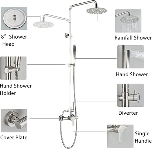 Miniatura 3 de MOSSON Sistema de ducha de lluvia para baño, juego de grifo de ducha al aire libre con cabezal de ducha de lluvia de 8 pulgadas, rociador de mano de
