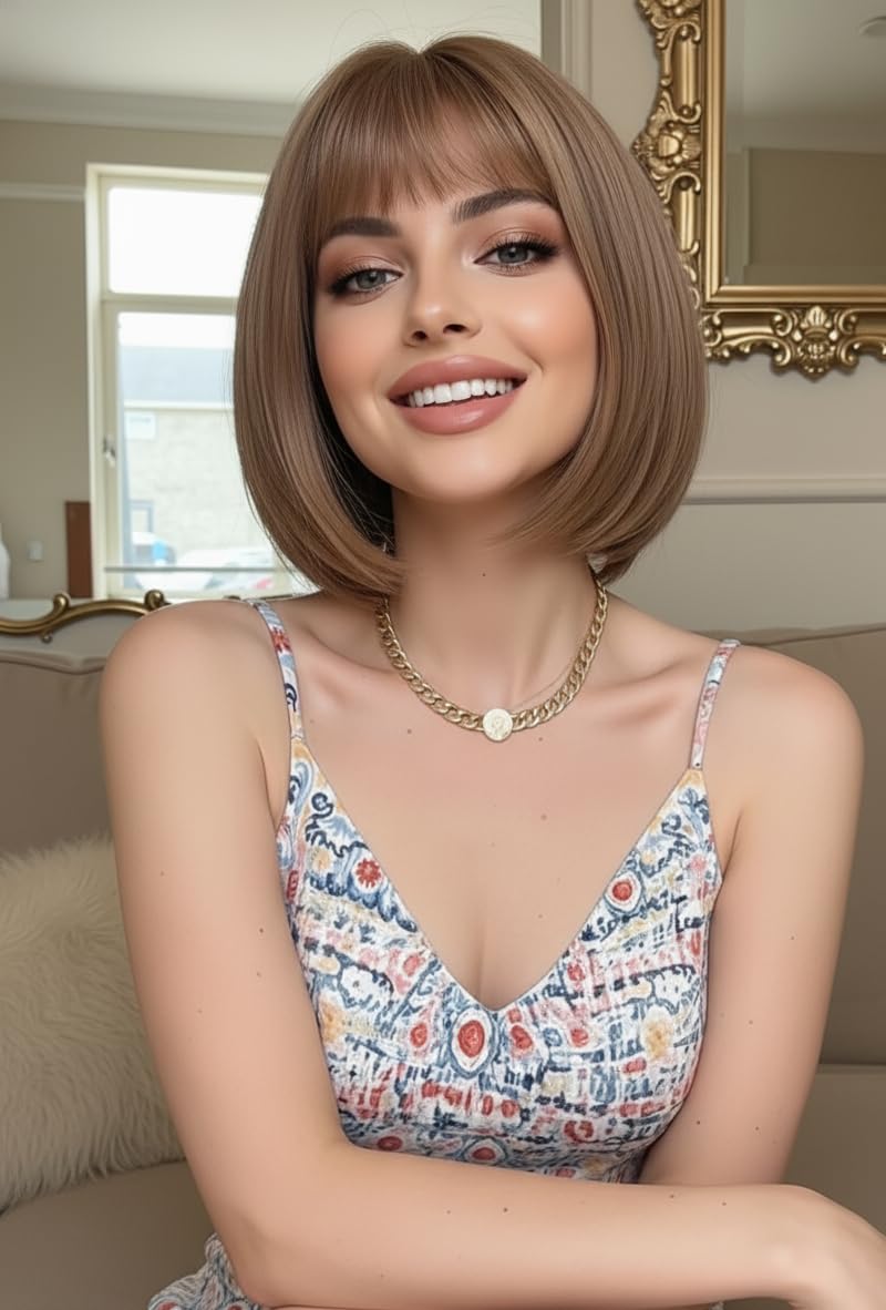 Light Brown wig for women - 10'' Bob Wig Synthetic Hair with Bangs, Straight Style for Daily Use