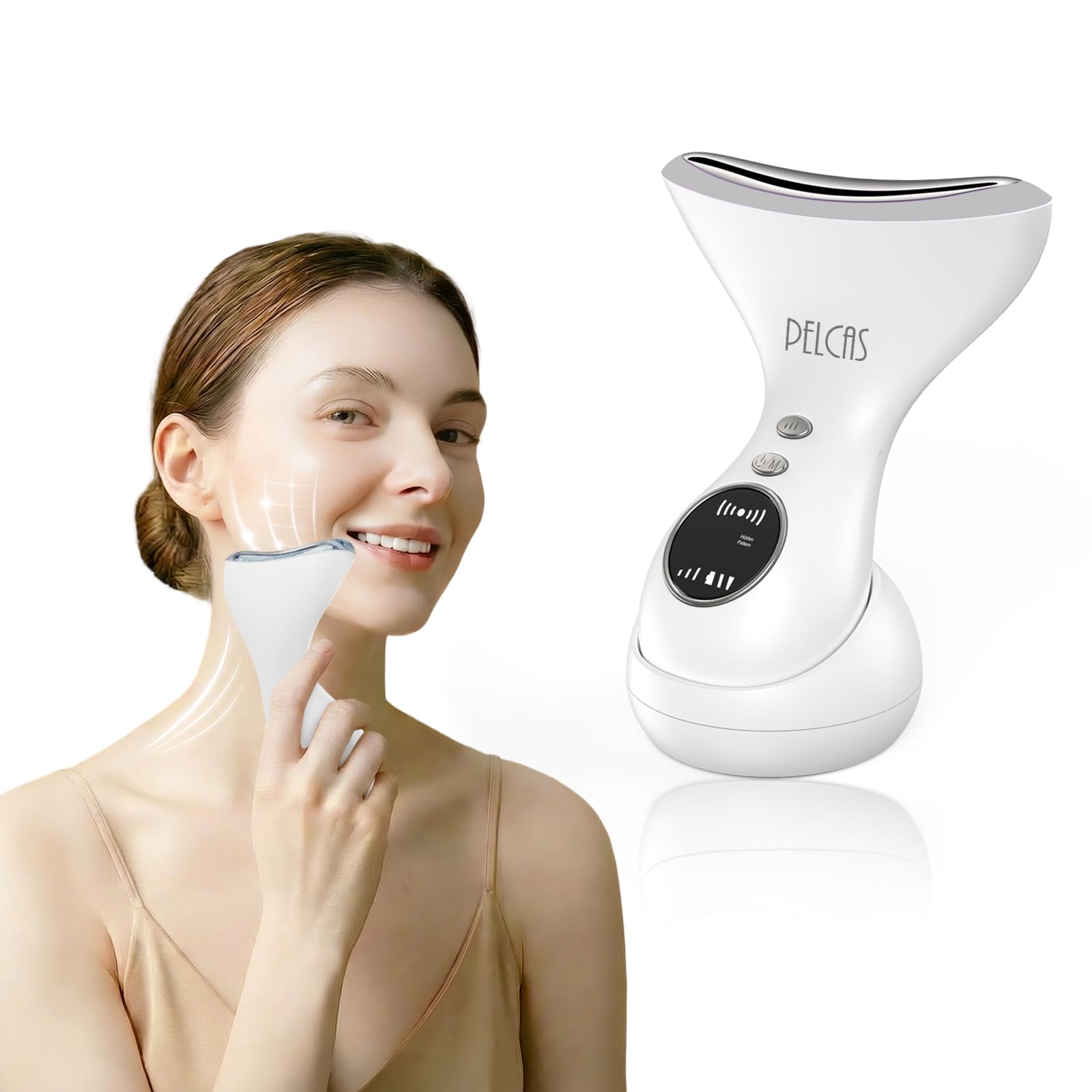 PELCAS Gesichtsmassagegerät Gegen Falten, EMS Gua Sha Elektrisch mit 43°C Wärme & 3 LED Modi, Anti-Aging V Shape Ergonomischer Face Massager mit Ladestation für Doppelkinn Entferner & Hautstraffung