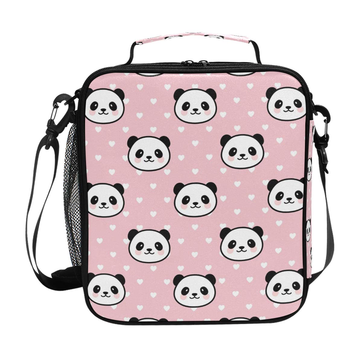 FFY Go Girls Panda Lunch Bags Cute Pink Heart Large Insulated Lunch Box Tote Bag Cold Thermal Freezable Shoulder Strap for Kids Teen School Work