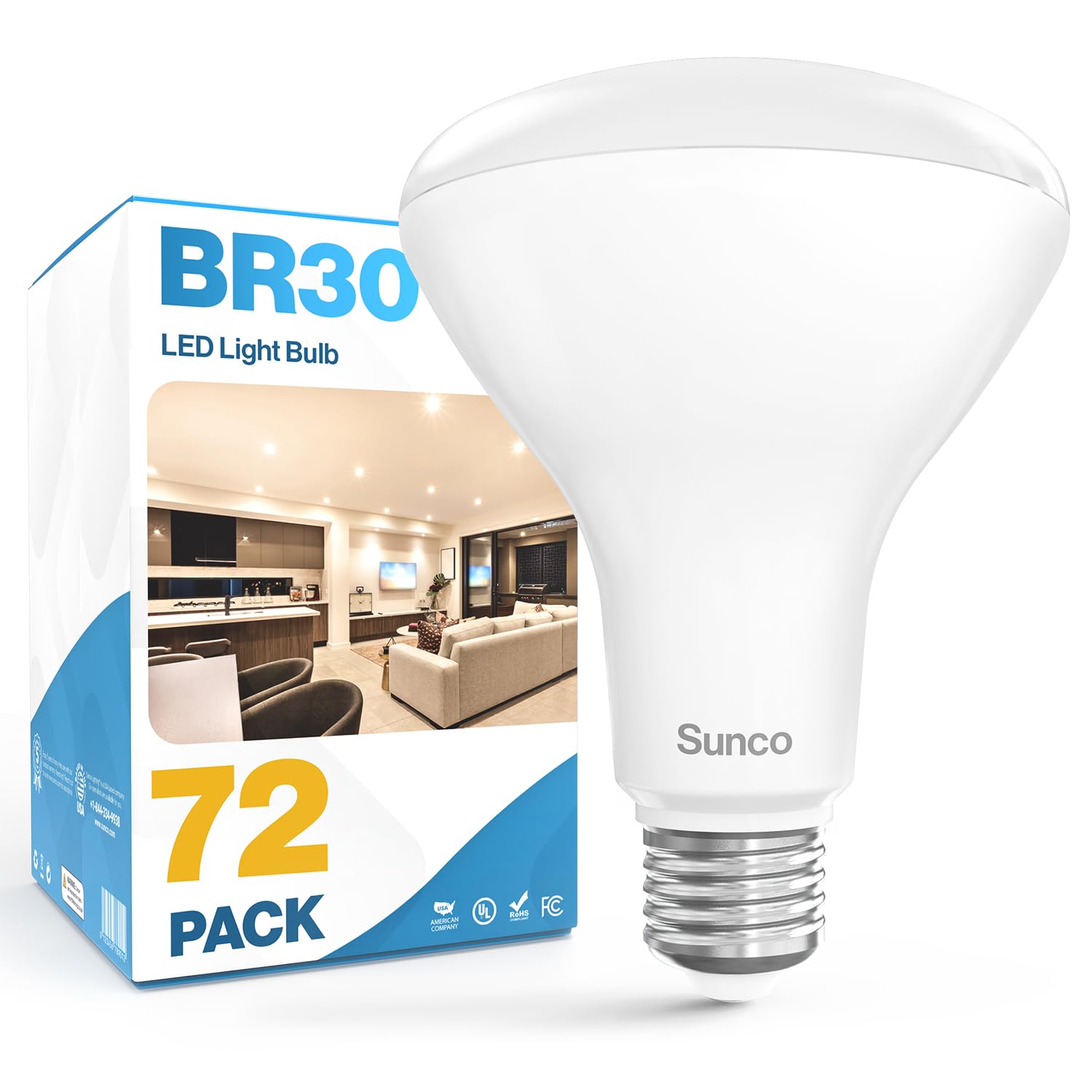 Sunco 72 Pack BR30 Light Bulb LED Recessed Can Light Bulbs, Indoor Flood Lights 850 LM, 11W (65W Equivalent), 3000K Soft White, Dimmable, E26 Base,