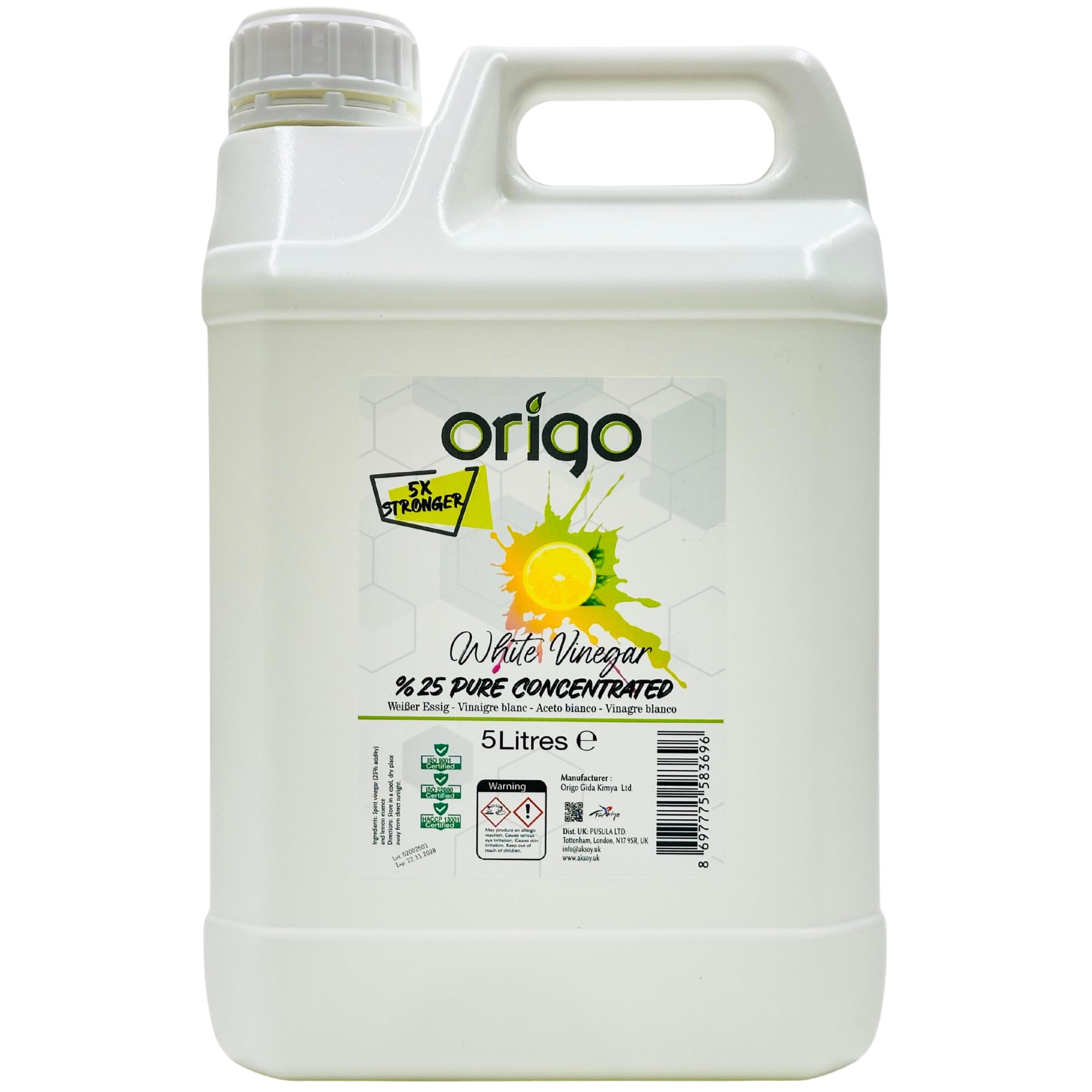 Lemon White Vinegar 25% Concentrate 5L | 5x Stronger Than Regular White Vinegar | Powerful Cleaning Vinegar, Tough Stain Remover & Natural Weed Killer for Household & Garden Use