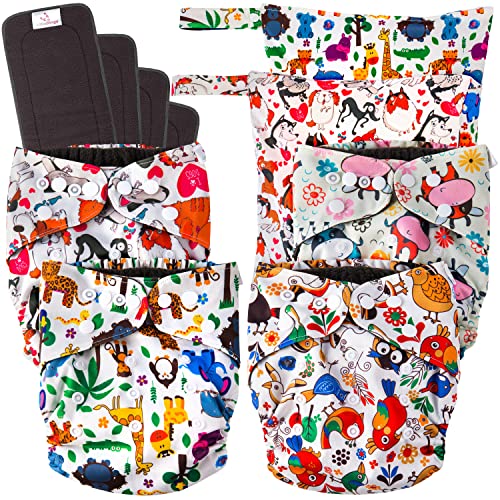 LittleDingo Reusable Cloth Diapers for Babies and Toddlers - 4 Reusable Charcoal Bamboo Diapers + 4 Charcoal Bamboo Inserts and 2 Reusable Diapers Wet Bags