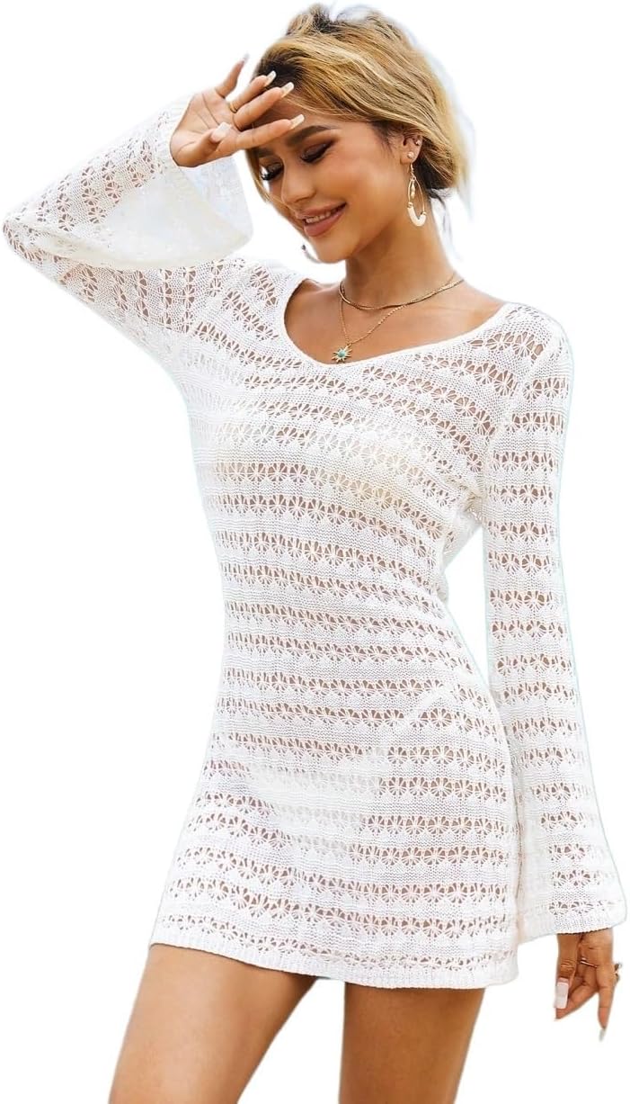 Women's Backless Hollow Out Long Sleeve Coverup Mini Dress, For Spring & Summer cover ups for swimwear