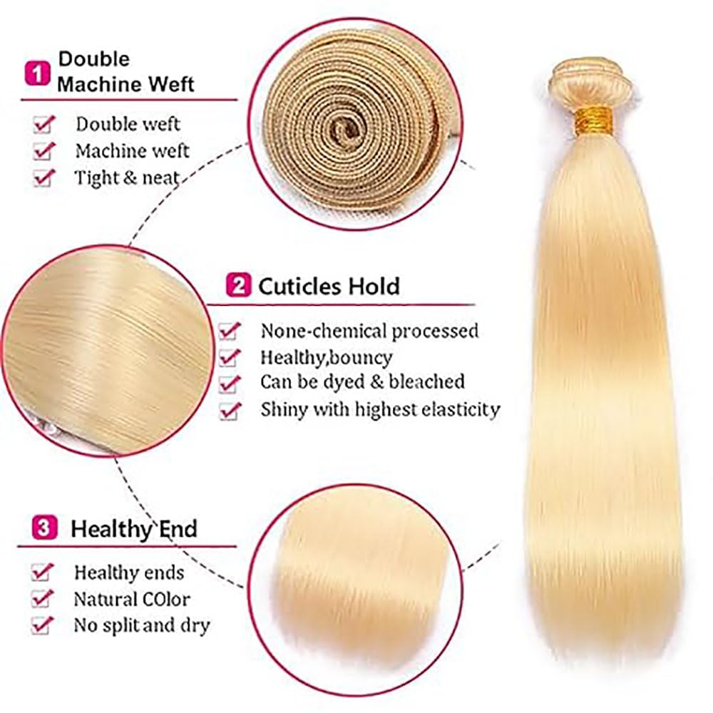 Human Hair Bundles Straight Tissage Naturel Cheveux Humain 100% Unprocessed Brésilienne Remy Virgin en lot Meches Weave Extensions Double Weft Color #613 Blonde 26 Pouces