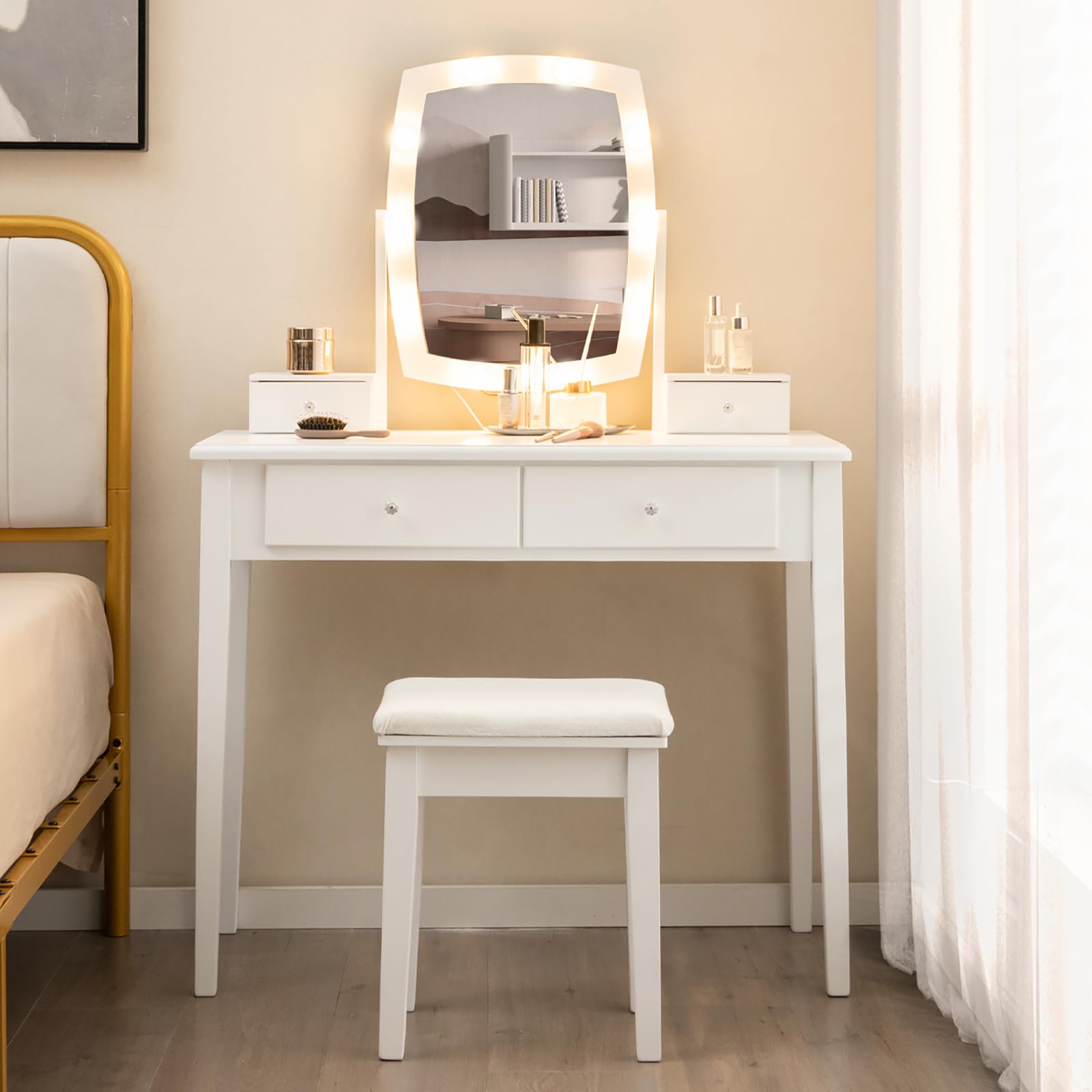 CHARMAID Vanity Desk with Mirror and Lights, Makeup Vanity Table with Swivel Mirror, 3-Color Dimmable LED Lights, 4 Drawers, Girls Bedroom Makeup Dressing Table with Stool (White)