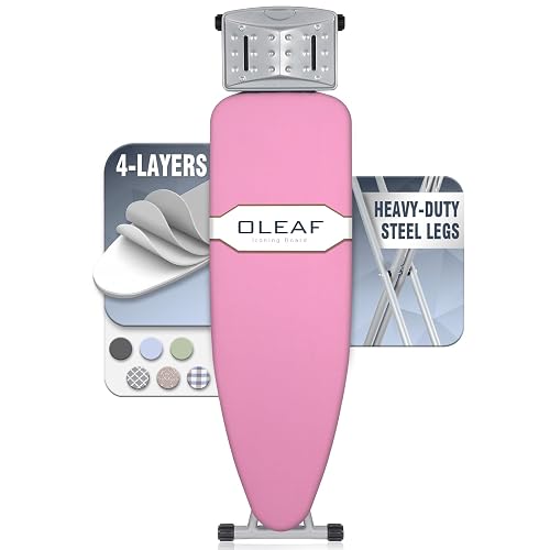 oleaf Ironing Board with Cover and Thicken Pad Height Adjustable Full Size Foldable Iron Board with Iron Rest, Stable Steel Legs, Metal Construction, Heat Resistant, Pink - Pink