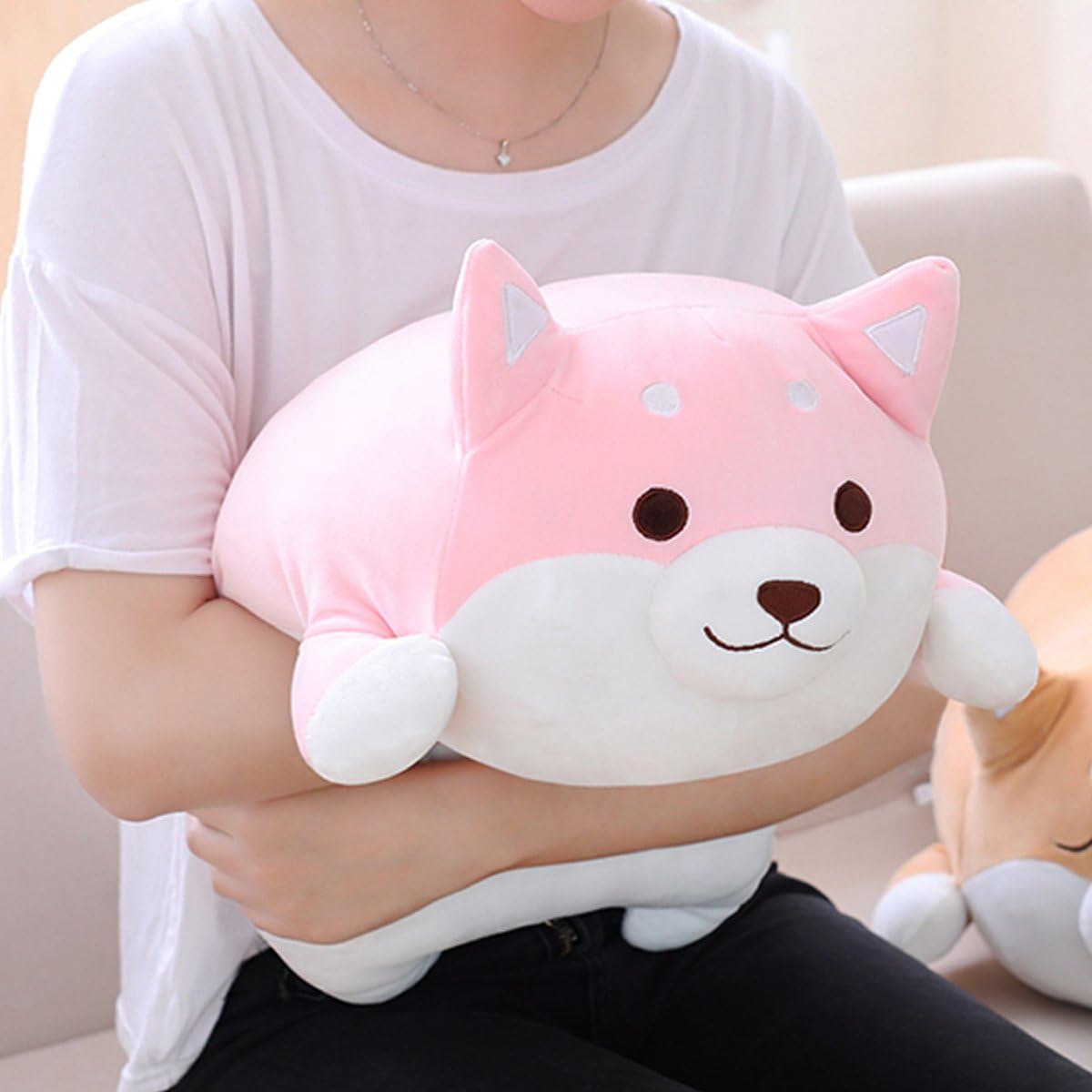 Levenkeness Shiba Inu Dog Plush Pillow, Cute Corgi Akita Stuffed Animals Doll Toy Gifts for Valentine's Gift, Christmas,Sofa Chair, Pink Round Eye, 22.8"