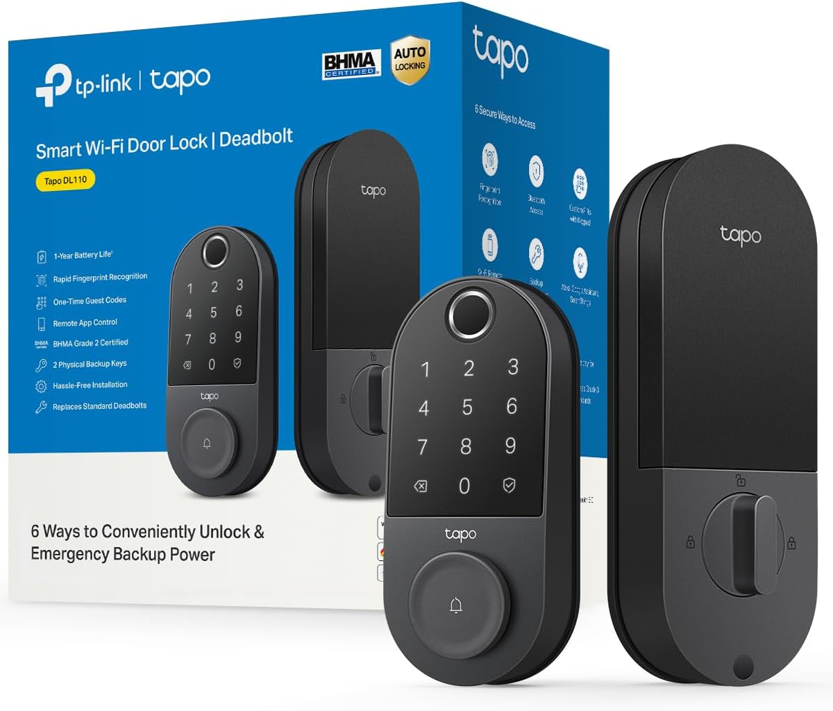 Tapo Smart Wi-Fi Door Lock, Deadbolt | Keyless Entry, Fingerprint Recognition, Touchscreen Keypad & in-App Monitoring with Scheduled Access|1-Year Rechargeable Battery | BHMA Grade 2 | DL110 | Touchscreen Keypad, Keyless Entry, In-App Monitoring with Scheduled Access, 1-Year Rechargeable Battery, BHMA Grade 2