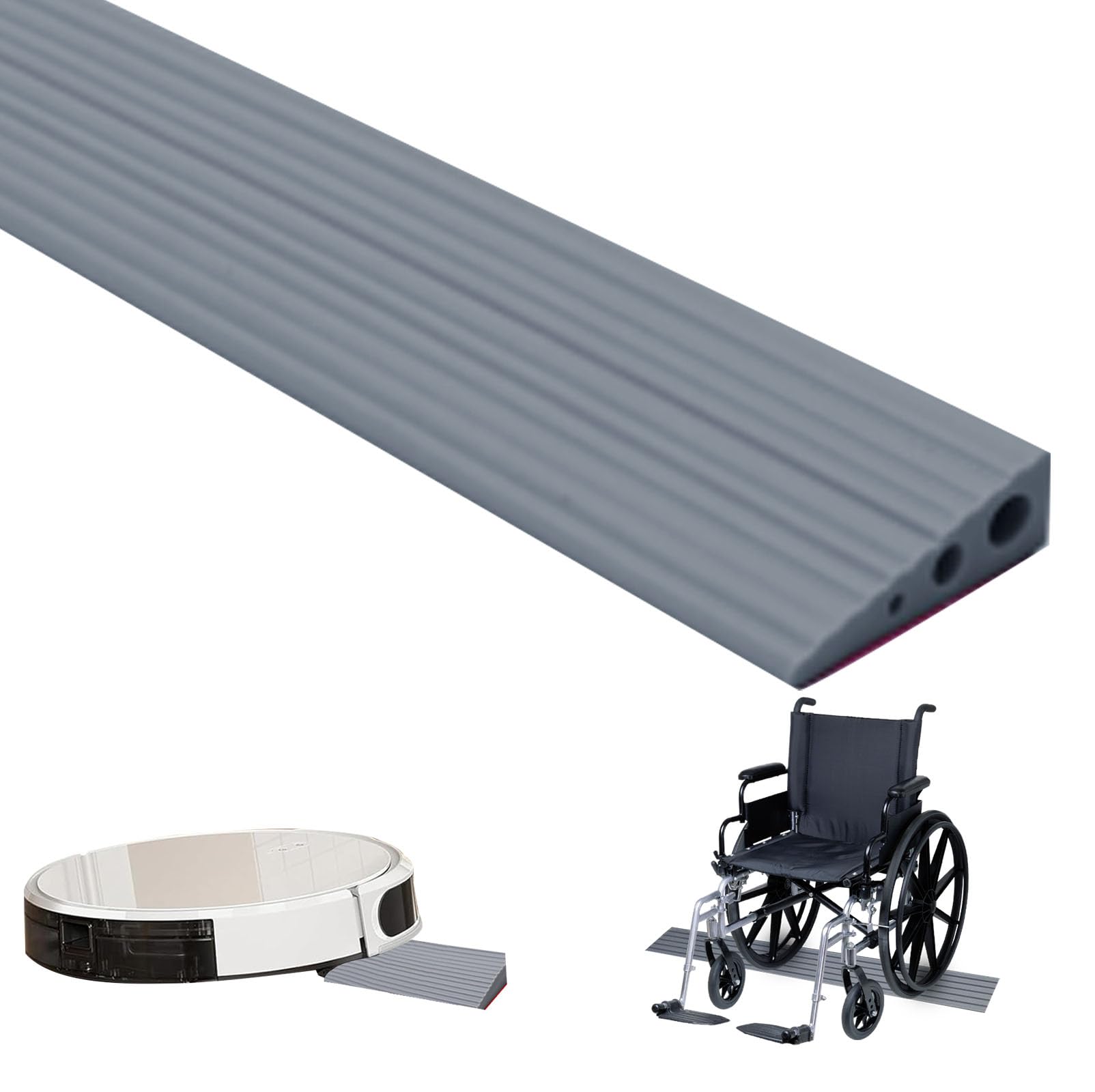 100 x 6.5 x 2.5cm Rampa Sillas Ruedas, Rampa Umbral Puerta, Rampa Escalones Superficie Antideslizante Goma PVC, Barra Transición Autoadhesiva para Andador, Scooter, Cochecito, Bordillos Rampas (Gris)