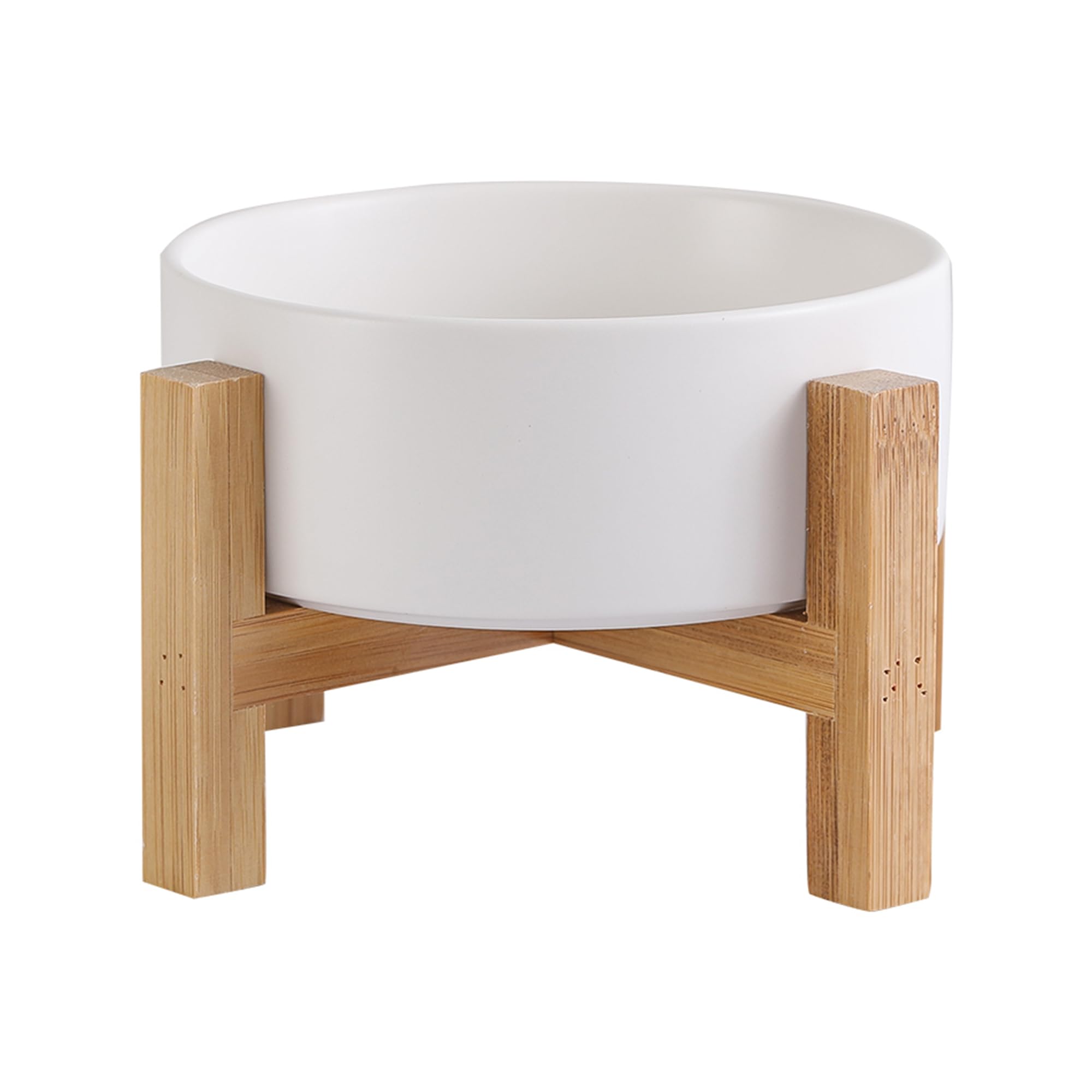 Elevated Ceramic Cat Bowl - Cat Food Bowl with Bamboo Stand - Raised Dog Dish for Puppies - Anti Vomiting, Stress Free - 13.5 oz / 400 ml - White