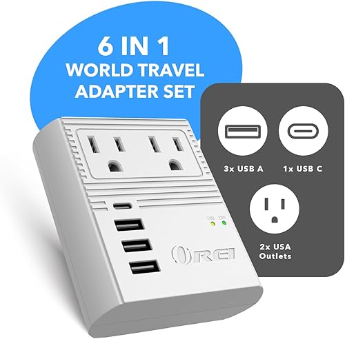 Miniatura 2 de OREI World Travel - Adaptador de enchufe M8 Max, 3 USB + Pd 18 W USB-C de entrada - 2 salidas de EE. UU. - Accesorios para Europa, Asia, China,