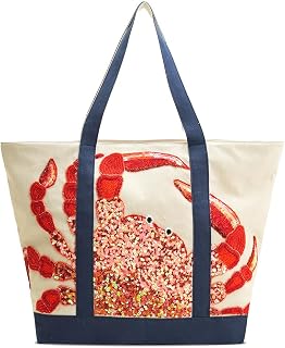 America & Beyond Seaside Crab Hand-Beaded Nautical Boat Tote Bag | Sequin Embellishment, Navy Canvas Handles, Interior Zip Pocket, Lined Interior, Beach Tote