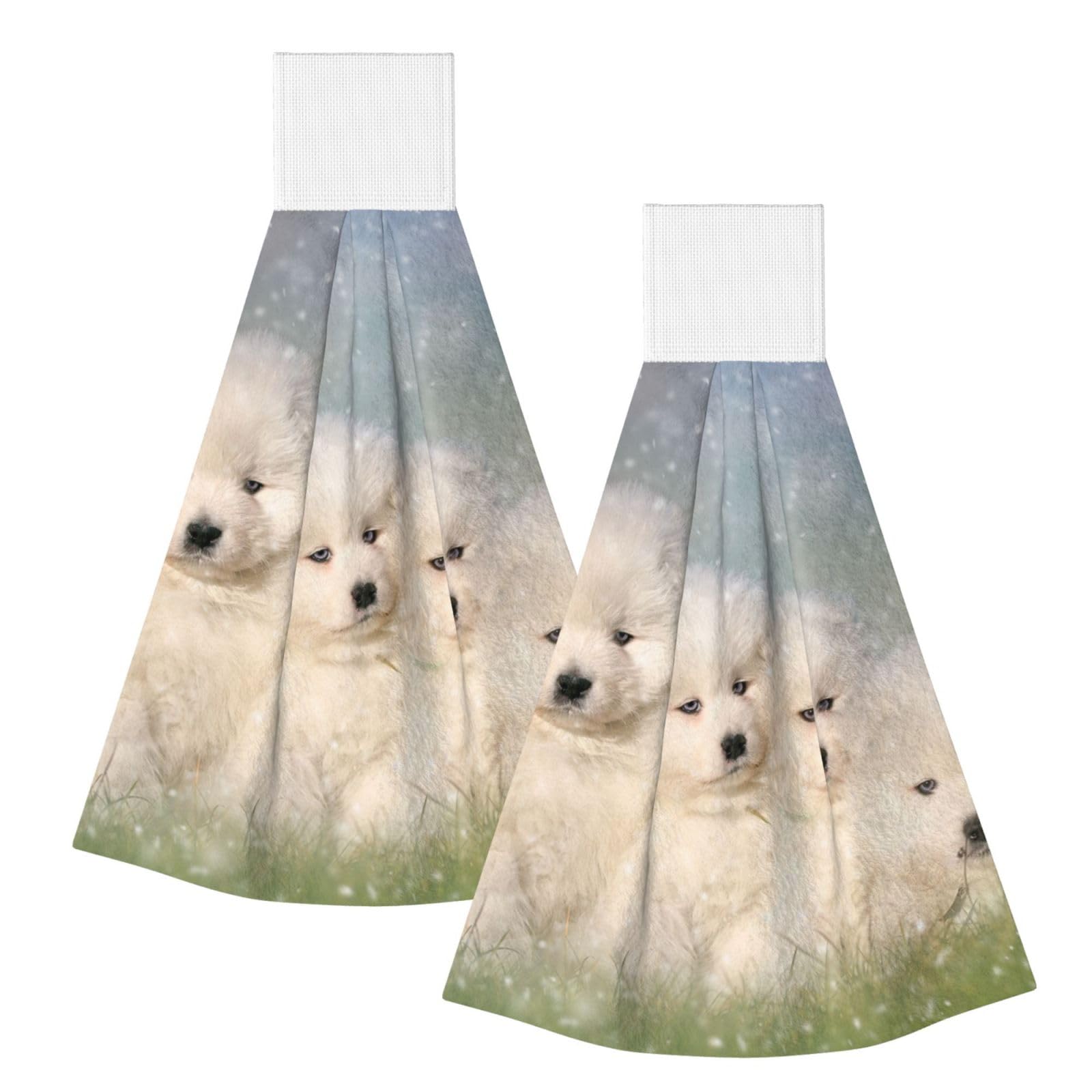 DOPKLNA Samoyed Puppies White Dogs Family Small Samoyed, 2 Pcs Hanging Coral Fiber Hand Towels for Bathroom, Absorbent Kitchen Towels