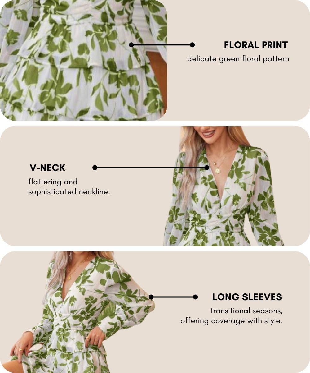 Leriya Fashion Minivestido de manga larga con volantes y cuello en V para mujer, elegante ropa casual de fiesta, ropa ligera de verano en capas