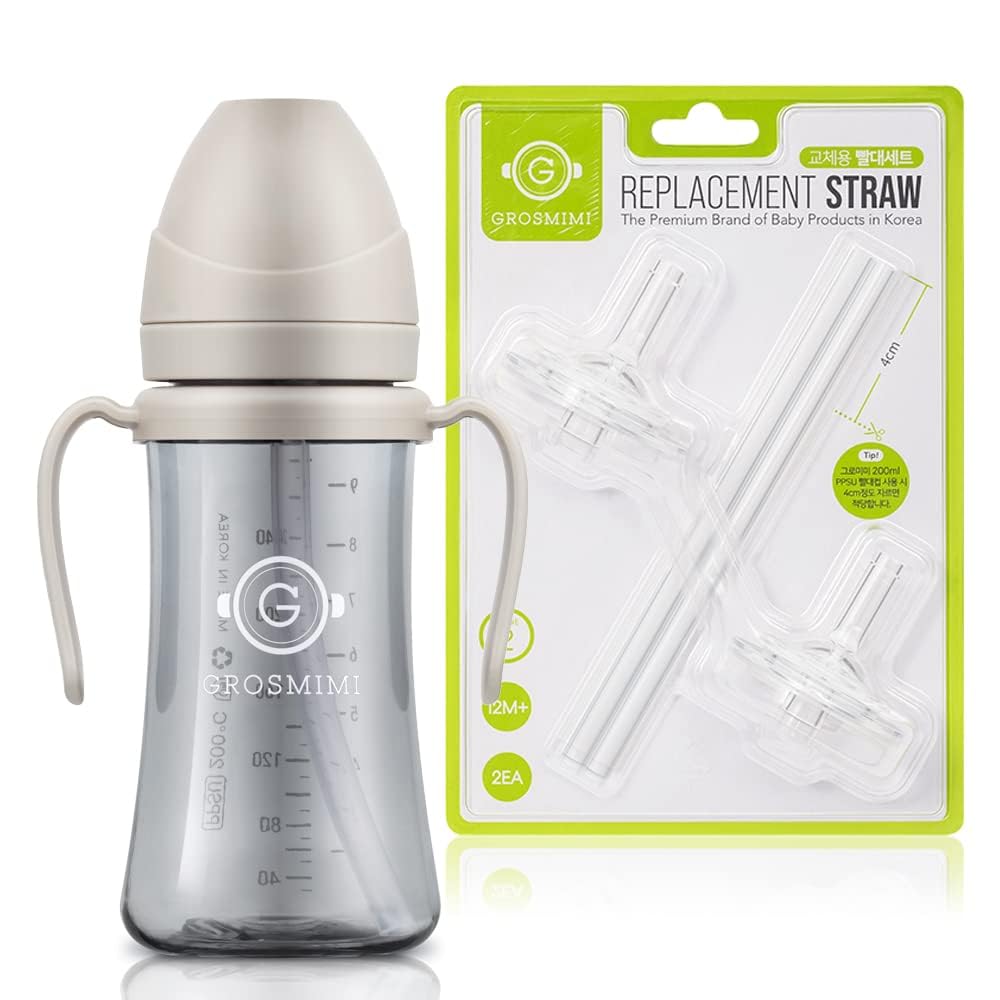 GROSMIMI PPSU Spill Proof Magic Sippy Cup 10 oz (Beige) + Replacements (Straw kit 2-counts, Stage 2)