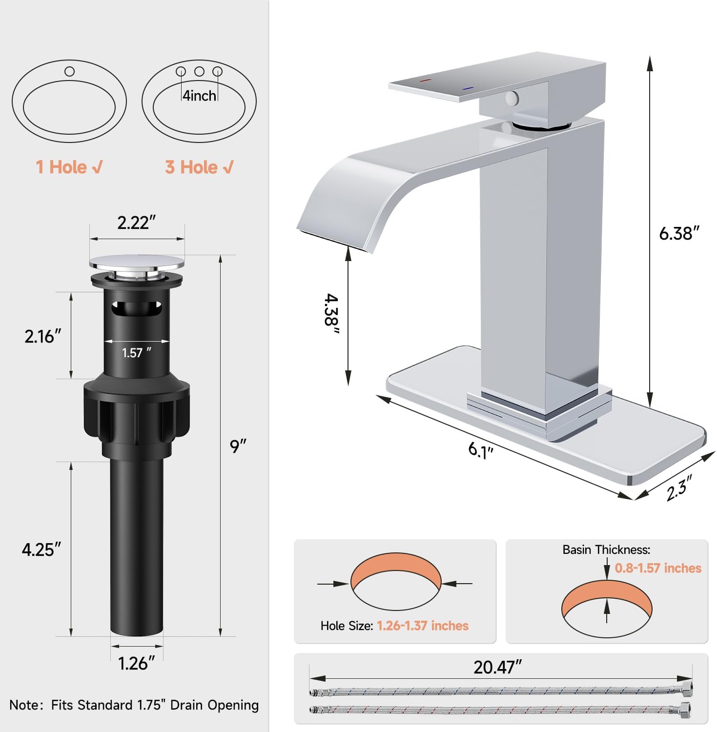 Chrome Bathroom Faucets, Evolvegoods Modern Waterfall Bathroom Faucet, Single Handle 1 or 3 Hole Bathroom Sink Faucet, RV Mixer Tap Vanity Faucet with Deck Plate, Pop-up Drain and Supply