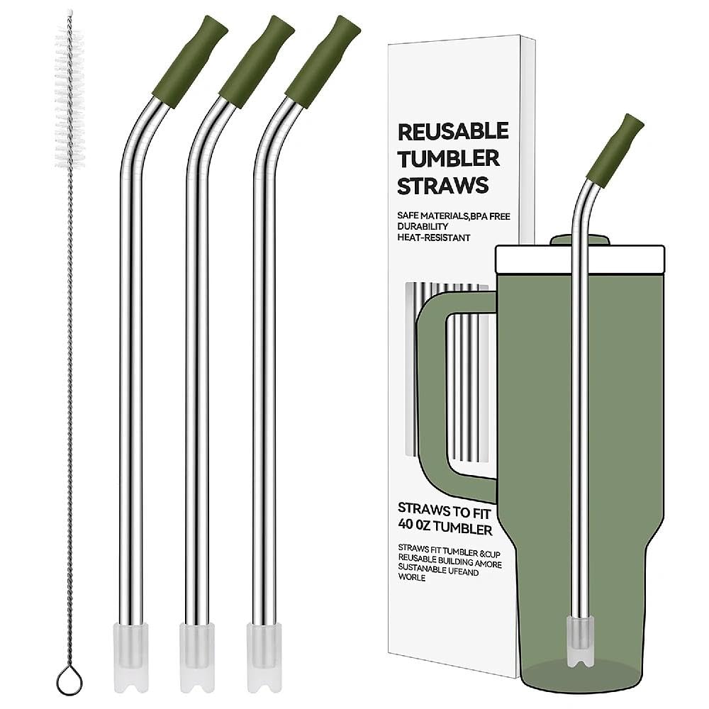 Prurex Bent Metal Straws for 40 Oz Stanley Tumbler, 3 Pack Reusable Stainless Steel Drinking Straw with Silicone Tips and Straw Cleaner Brush, Fit for